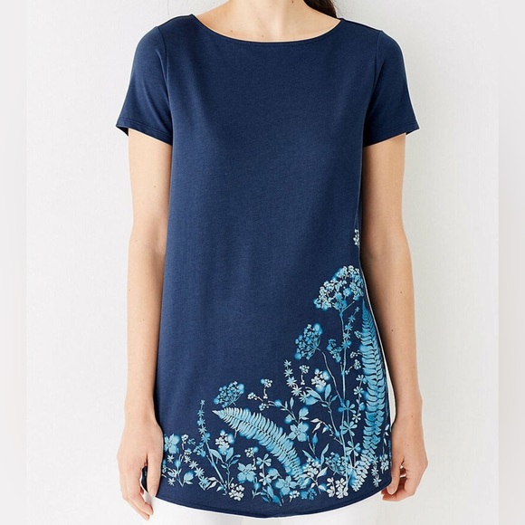 Pure j.jill pj floral knit tunic blue floral tee shirt short sleeve size large - Picture 1 of 9